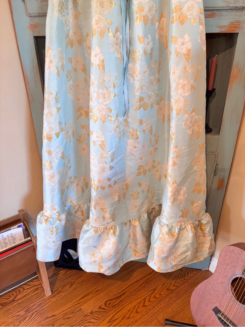 Strapless Light Blue & Gold Floral Sweetheart Maxi Dress - Picture 8 of 16
